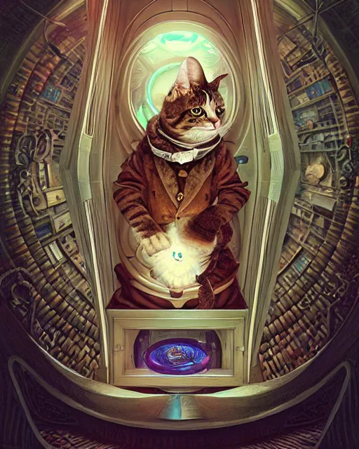 Prompt: anthropomorphic art of a timelord cat inside tardis, victorian inspired clothing by artgerm, victo ngai, ryohei hase, artstation. fractal papersand books. highly detailed digital painting, smooth, global illumination, fantasy art by greg rutkowsky, karl spitzweg, doctor who