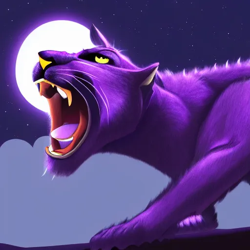 Image similar to concept art of a large purple panther at night roaring at the moon. digital drawing, illustration, 4 k, highly detailed, matte painting, artstation, artistic