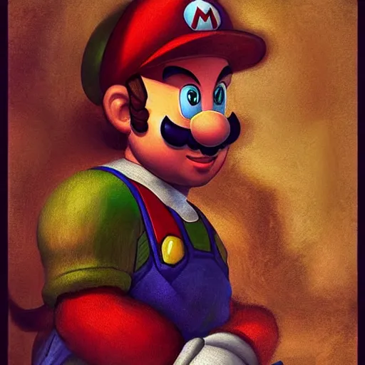 Image similar to a beautiful painted portrait of super mario renaissance painting by da vinci featured on artstation