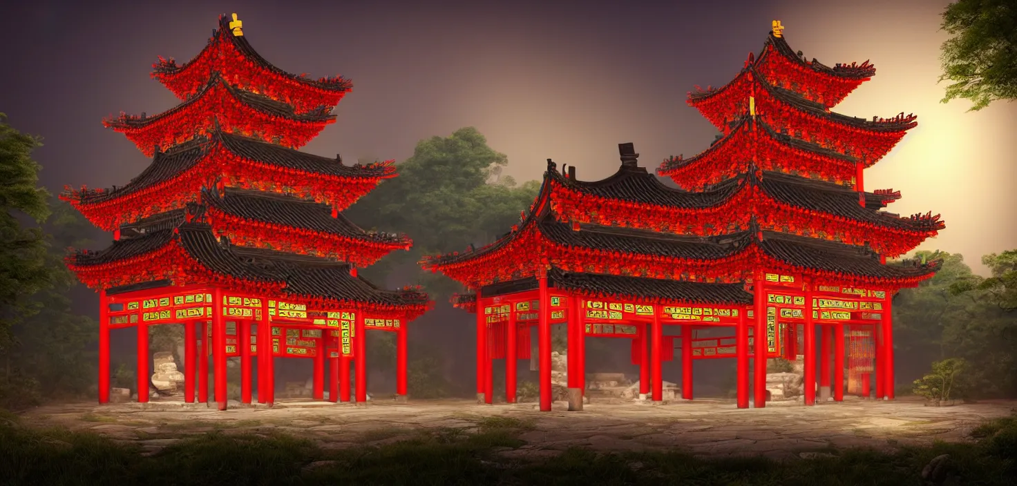 Image similar to a traditional chinese building in the forest at night, big round glowing multicoloured portal house, central symmetrical composition, incredible, vector art, octane render, fabulous, hyper detailed, random cinematic view, no noise, global illumination, warm lighting, volumetric, godrays, vivid, beautiful, by oliver beck