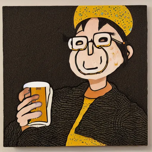 Image similar to a man happily drinks beer, art created by Kimitake Yoshioka.