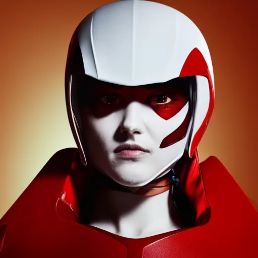 Prompt: headshot of a athletic female soldier in glossy sleek white armor with tiny red details and a long red cape, heroic posture, determined expression, shouting, on the surface of mars, night time, dramatic lighting, cinematic, sci-fi, hyperrealistic