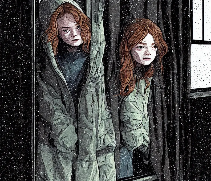 Image similar to outdoors : sadie sink in hoodie sits on windowsill, knees tucked in | rain falls at night : storyboard, scifi cyberpunk. by gabriel hardman, joe alves, chris bonura. cinematic atmosphere, detailed and intricate, perfect anatomy