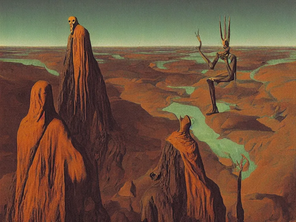 Prompt: Portrait of strange man, african mask, very elongated head, with moth antennae entering the toxic, phosphorescent river flowing from the factory. Apocaliptic skies. The glowing rock in the lithium desert. Painting by Jan van Eyck, Rene Magritte, Jean Delville, Max Ernst, Walton Ford