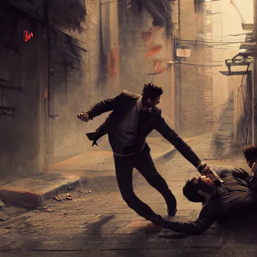 Prompt: original masterpiece artwork of 2 men choking each other during a fight in an alleyway by greg rutkowski and drew strewzan, horror, crime, hyperrealistic, octane render, exciting pose, dynamic lighting