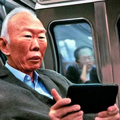 Prompt: candid photo of Lee Kuan Yew squinting disapprovingly at his phone while riding the train