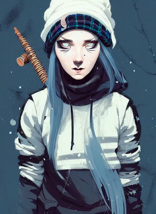 Prompt: highly detailed closeup portrait of a sewer punk lady student, beanie, tartan hoodie, frosty white hair by atey ghailan, by greg rutkowski, by greg tocchini, by james gilleard, by joe fenton, by kaethe butcher, gradient, blue, black, brown and cream color scheme, grunge aesthetic!!! white graffiti tag wall background