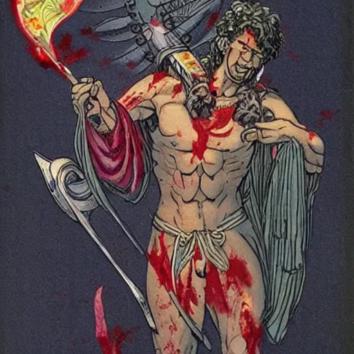 Image similar to eclectic, romantic by dave gibbons, by masaaki sasamoto. a art installation of hercules after he has completed one of his twelve labors, the killing of the hydra. he is standing over the dead hydra, covered in blood clutching a sword that slew the beast. his face is expressionless.