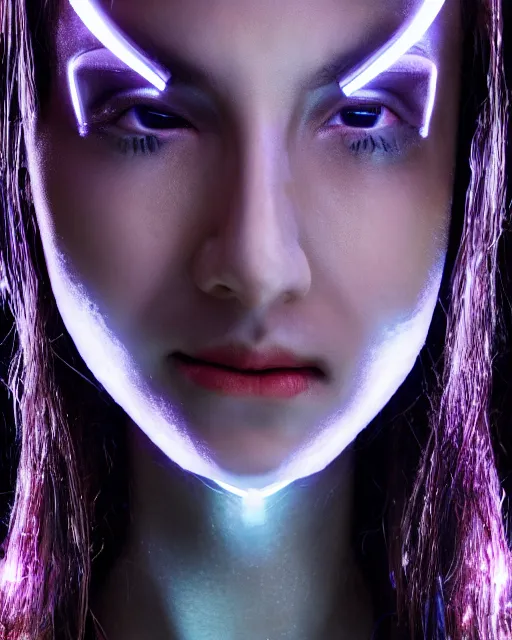 Image similar to portrait photo of female dancer as a cyberpunk mecha humanoid robotic head shoulder parts with straight bright led lights, elecrronics over face, wet skin with water dripping down face, ultra - realistic and detailed, 8 k