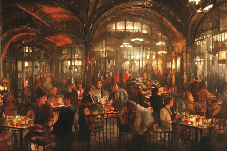 Image similar to people eating inside victorian restaurant, inferno dream by bosch