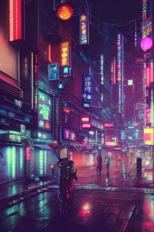 Prompt: isometric view of a cyberpunk neo-Tokyo street with illuminated signs and wet pavement, by Andrei Riabovitchev, Shaun Tan, Peter Mohrbacher and Takayuk, cinematic, realistic, intricate detail, finely detailed, small details, extra detail, photorealistic, high resolution, 3D, PBR, path tracing, volumetric lighting, octane render, arnold render, 8k