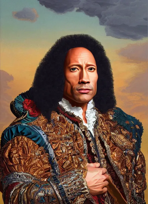 Prompt: beautiful oil painting, portrait of Dwayne the rock Johnson as Louis xiv in coronation robes 1701, Dan Mumford, Dan Mumford, Alex grey, Alex grey, hyacinthe rigaurd, highly detailed, ornate