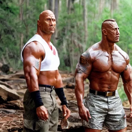 Prompt: film still of dwayne johnson as bubba gump in forest gump