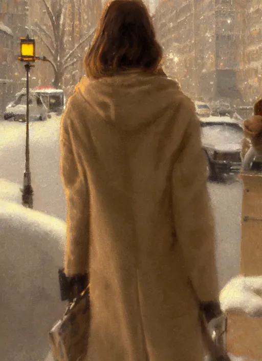 Prompt: back of emma stone in beige coat, walking into new york apartment building in winter, zoomed out, artwork by gaston bussiere, craig mullins, trending on artstation