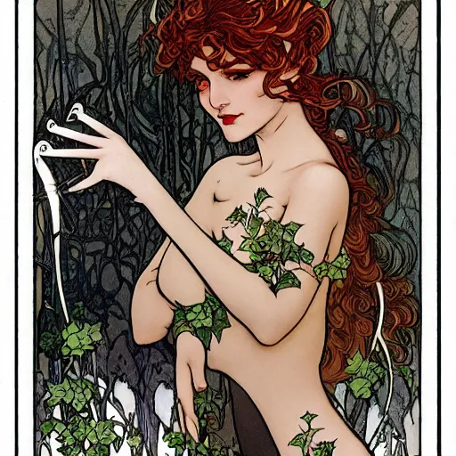 Prompt: a beautiful and detailed tarot card of a seductive poison ivy dressed as a lawyer in the big city, dark eyeliner, intricate, elegant, highly detailed, digital painting, artstation, concept art, matte, sharp focus, illustration, art by rebecca guay and by arthur rackham and by alphonse mucha and by john william waterhouse