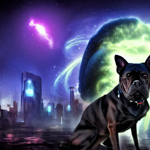 Image similar to dog nebula above cyberpunk planet