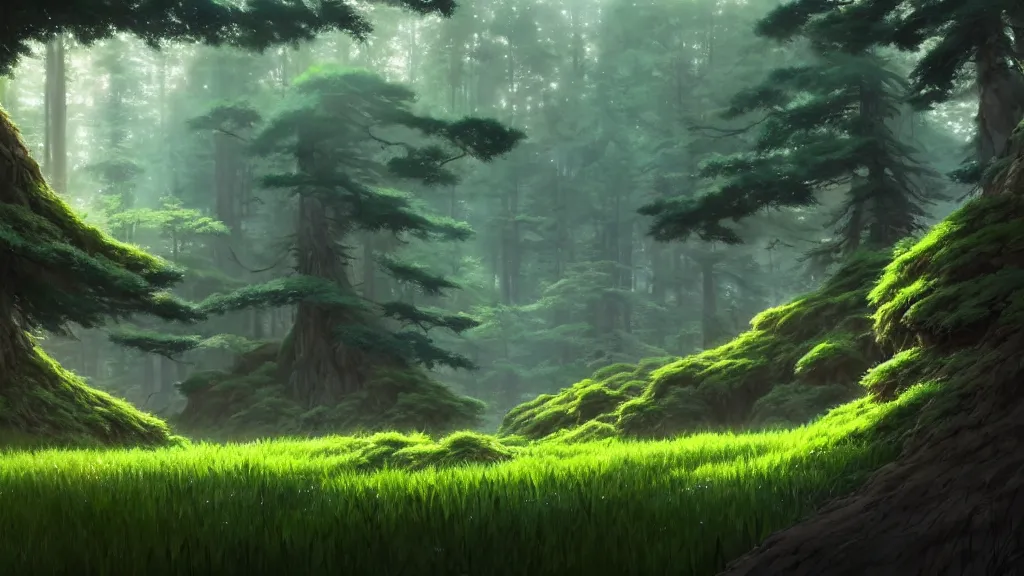 Image similar to forest clearing landscape, studio ghibli, pixar and disney animation, sharp, rendered in unreal engine 5, highly detailed, digital painting, artstation, concept art, smooth, sharp focus, illustration, wide angle, artbook, wallpaper, splash art, promo art, dramatic lighting, art by artgerm and greg rutkowski and bo chen and jin xiaodi