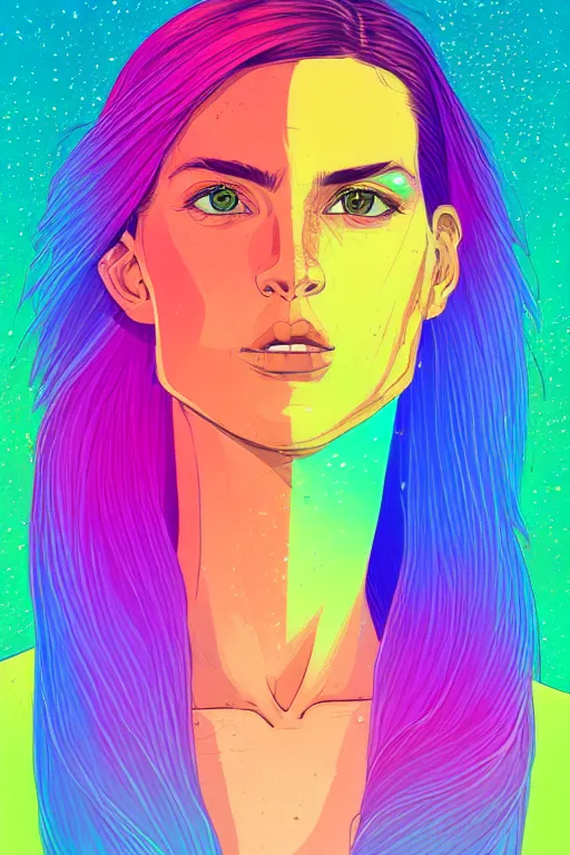 Image similar to a award winning half body portrait of a beautiful woman with stunning eyes in a croptop and cargo pants with rainbow colored ombre hairstyle head in motion and hair flying by josan gonzales, outrun, vaporware, shaded flat illustration, digital art, trending on artstation, highly detailed, fine detail, intricate