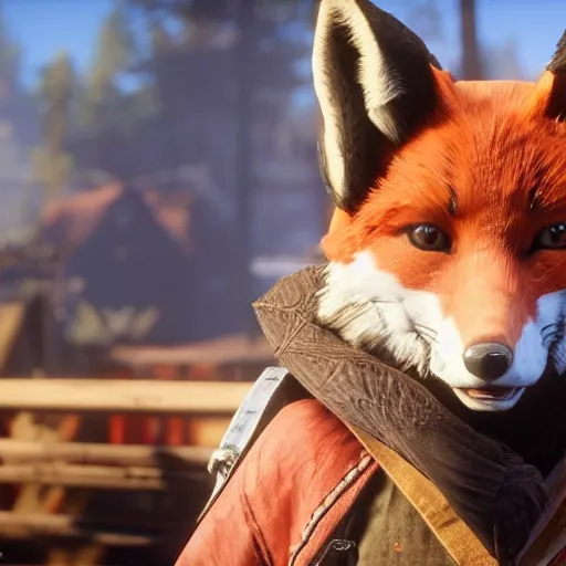 Image similar to video game screenshot of an anthropomorphic fox wearing western clothing as a character in red dead redemption 2