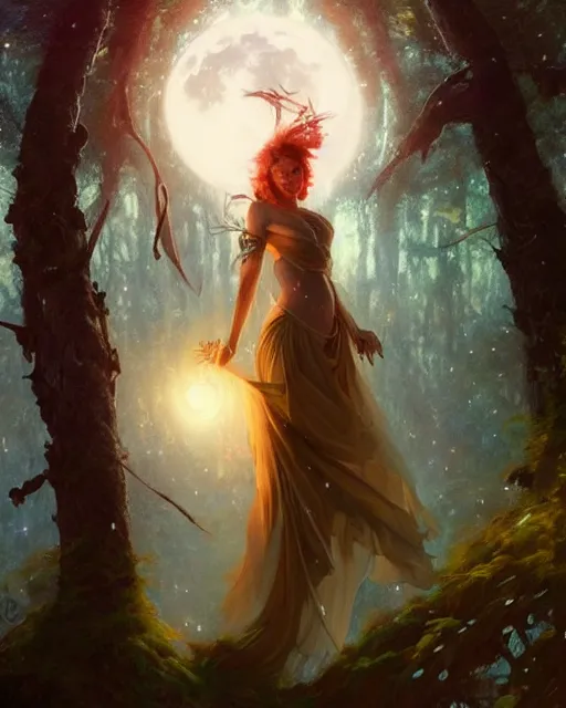 Image similar to a portrait of beautiful fairy goddness fly high in the night, d & d, fantasy, mist, full moon in background, trees, hyper detailed,, midium shot, an oil painting by ruan jia, trending on artstation, concept art, sharp focus, illustration, gaston bussiere, craig mullins, j. c. leyendecker, beautiful lighting