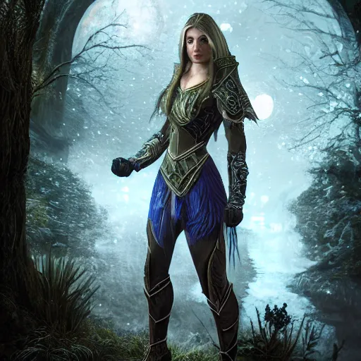 Image similar to unknown elder scrolls vi female character portrait, partially clothed in highly detailed elven armour, atmospheric lighting, painted, intricate, highgate cemetery, mist, cold, volumetric lighting, beautiful, blue moon light, sharp focus, ultra detailed, by leesha hannigan, ross tran, thierry doizon, kai carpenter, ignacio fernandez rios