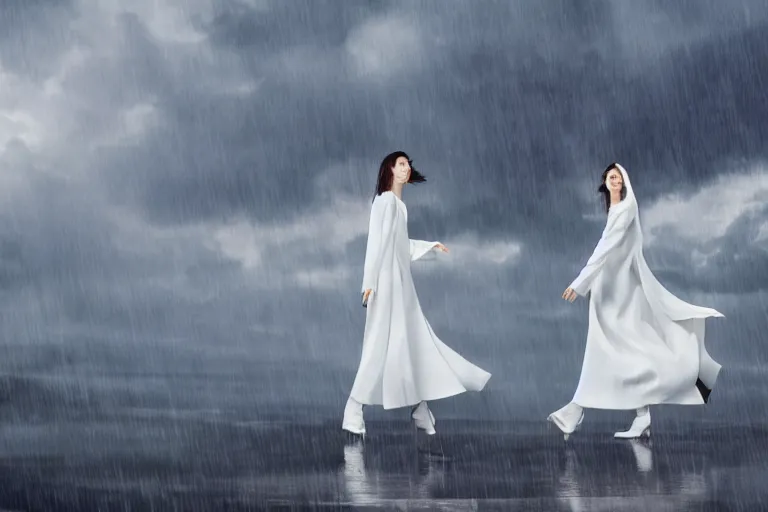 Prompt: a cinematic portrait of two women wearing long white futuristic coats, falling from the top of a sky scraper, 4 k, ultra realistic, dramatic lighting, rain, clouds, fog, vogue, fashion, glamour, magazine spread, by annie leibovitz