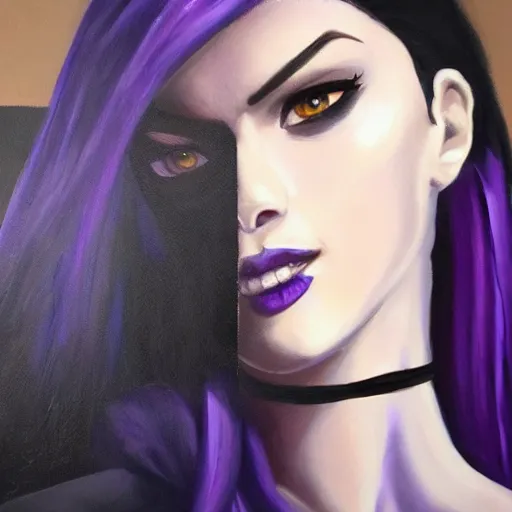 Image similar to oil painting of widowmaker from overwatch in the desert, black and purple jacket, beautiful face, detailed eyes, very detailed face, feminine face, full body