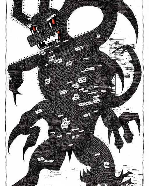 Prompt: the pokemon missingno as a d & d monster, pen - and - ink illustration, etching, by russ nicholson, david a trampier, larry elmore, 1 9 8 1, hq scan, intricate details, high contrast