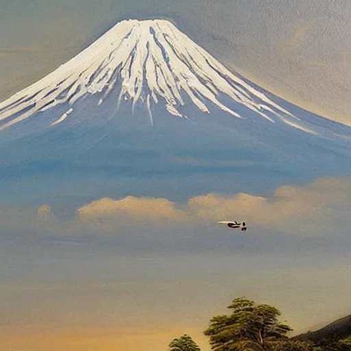 Image similar to An oil painting of spaceship landing on mount Fuji