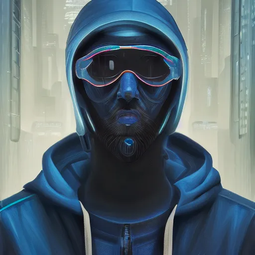 Image similar to a portrait of an ultradetailed futuristic male cyberpunk waring a hoodie, bearded, deep blue eyes, by dylan kowalski, 8 k, digital painting