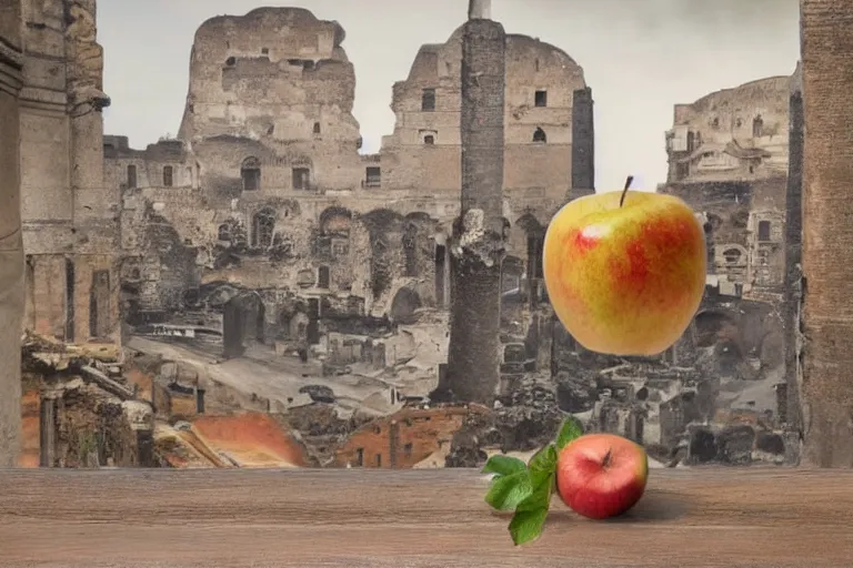 Prompt: An apple sitting on a table over the ruins of a sacked Rome, award winning photograph.