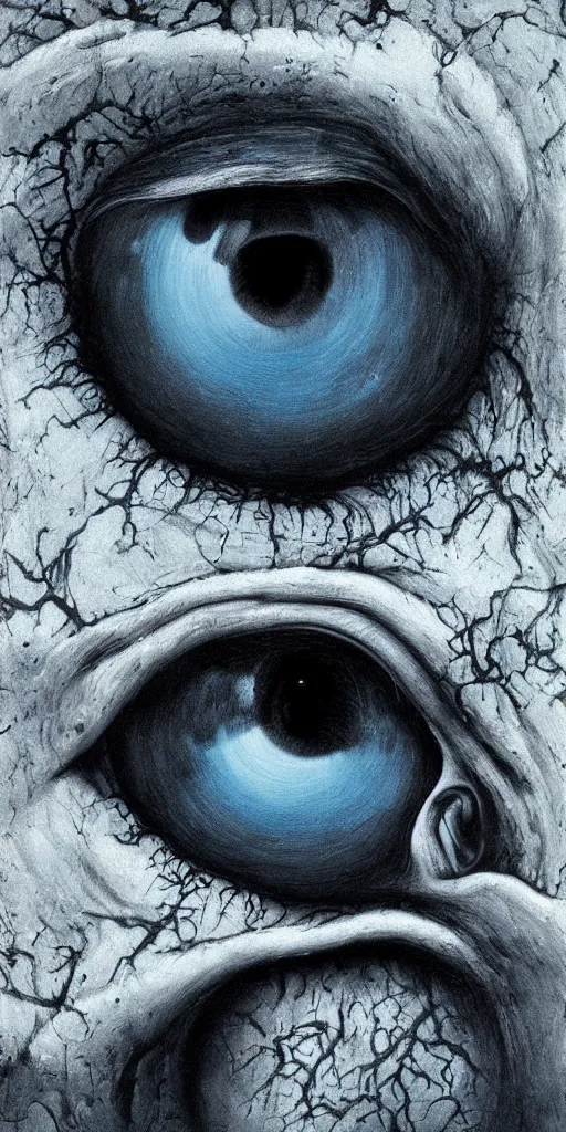 Image similar to zdzisław beksinski eyeball monster blue white black 4 k