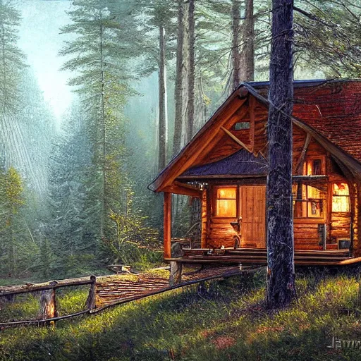 Image similar to a cabin in the woods by james gurney