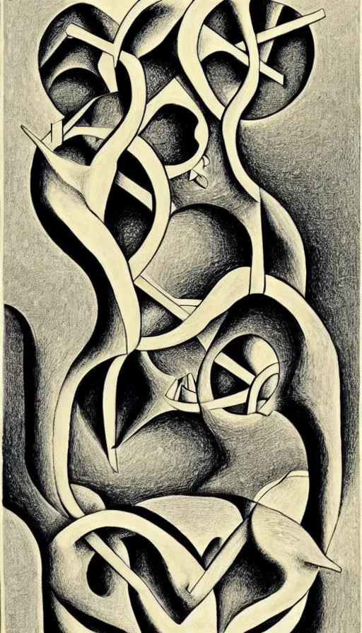 Image similar to M. C. Escher's mind drawn by M. C. Escher, gold paint, ink