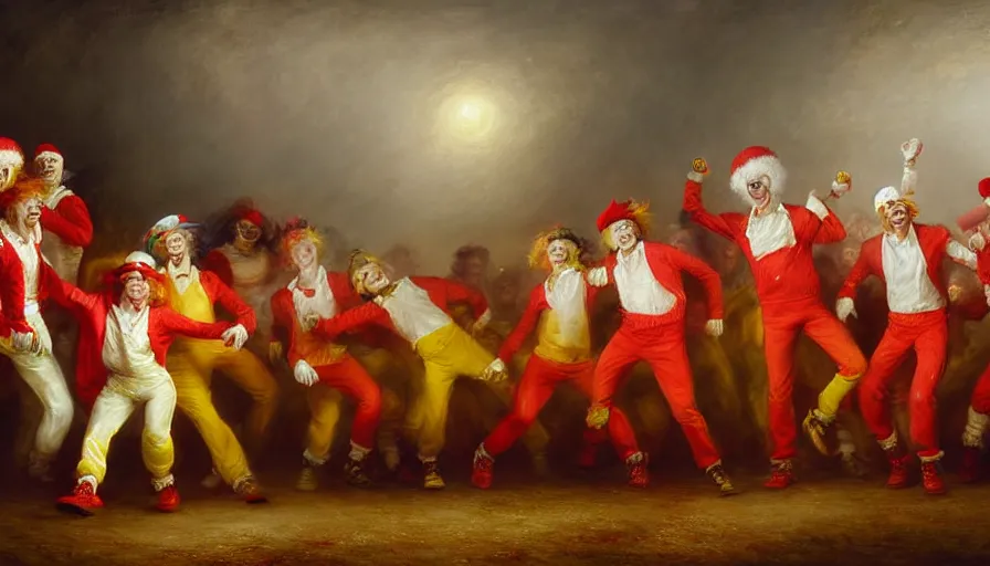 Prompt: highly detailed painting of a group of ronald mcdonalds with red afros, white facepaint, red noses and yellow tracksuits line dancing at a hoedown by william turner, by greg rutkowski, by william constable, thick brush strokes and visible paint layers, 4 k resolution