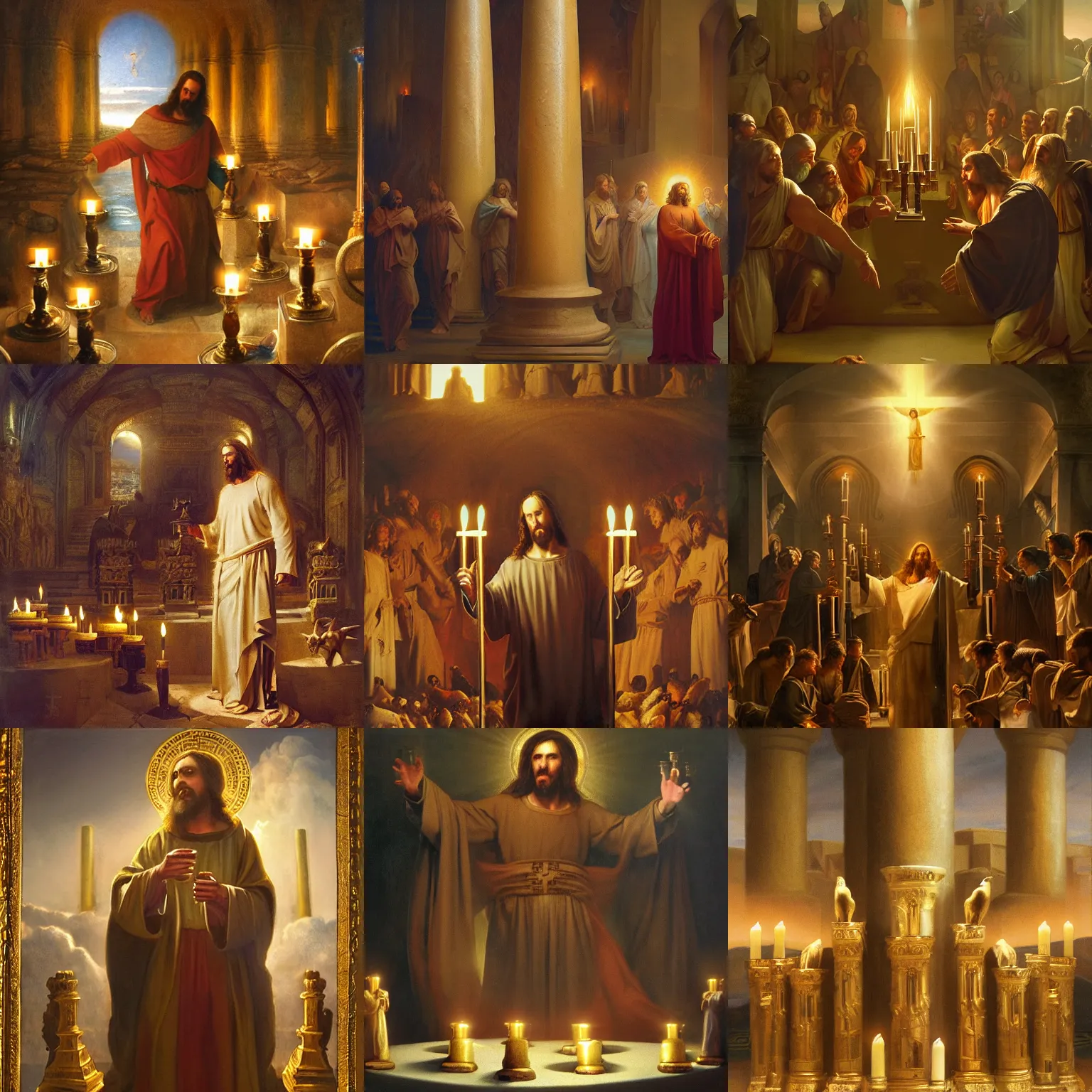 Prompt: Christ appears to John on Patmos as the ever-living and all-powerful One, who walks among the seven golden candlesticks that represent the seven churches, a matte masterpiece by Raymond Swanland