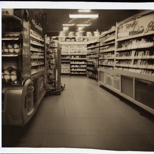 Image similar to Vintage Photograph of a futuristic time machine inside of a grocery store, shallow depth of field, awkward, out of place, polaroid 600 Color