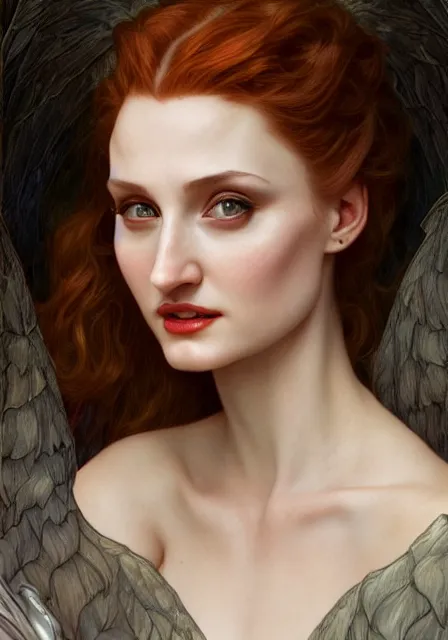 Image similar to sansa angeline jolie gessica chastain vampire teeth white skin, intricate, elegant, highly detailed, digital painting, artstation, concept art, smooth, sharp focus, illustration, art by artgerm and greg rutkowski and alphonse mucha and william - adolphe bouguereau