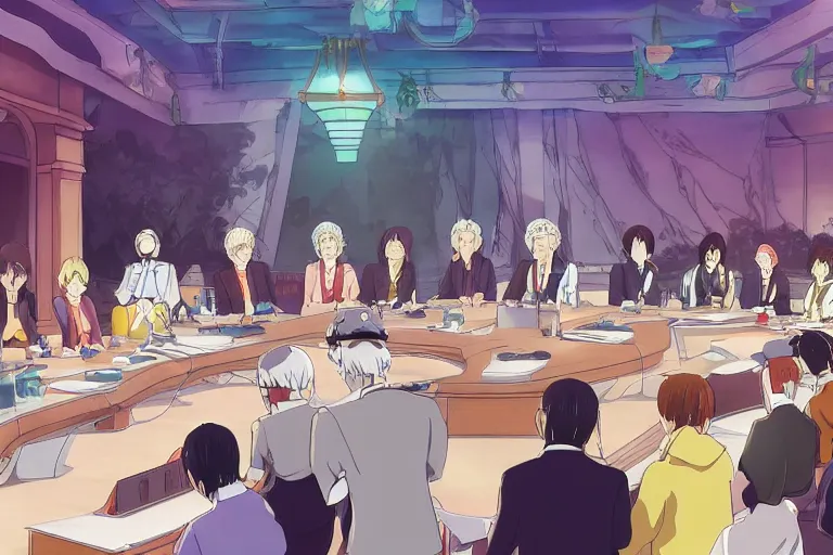 Image similar to cell shaded anime key visual of a fantasy federation council meeting with important local rulers in the style of studio ghibli, moebius, makoto shinkai, dramatic lighting