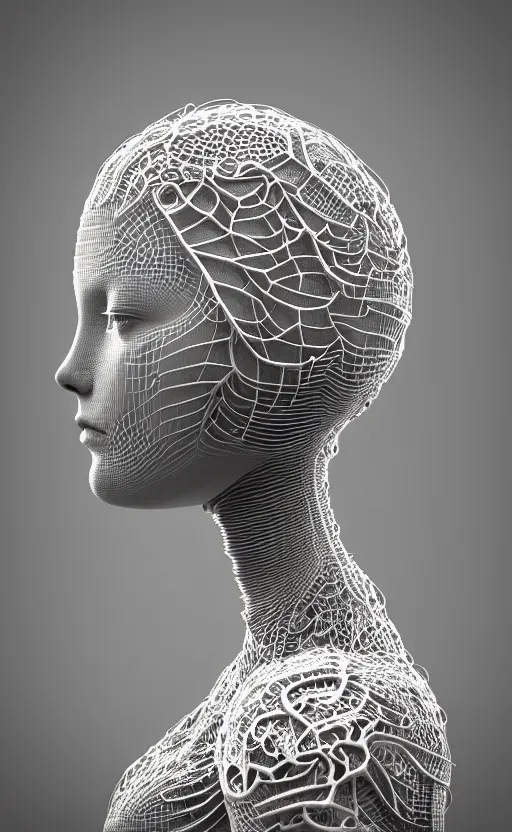 Image similar to complex 3d render of a beautiful profile woman face, vegetal dragon cyborg, 150 mm, beautiful natural soft light, rim light, silver details, magnolia stems, roots, fine lace, maze like, mandelbot fractal, anatomical, facial muscles, cable wires, microchip, elegant, highly detailed, white metallic armour, octane render, black and white, H.R. Giger style