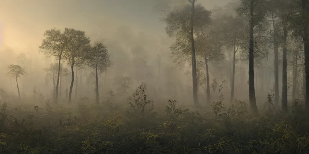 Image similar to highly detailed, intricate stunningly beautiful image of a forest , photorealistic, dusty and smokey, 8k, ethereal,matte painting, stunning atmosphere, morning,beautiful lit by Andrei Riabovitchev and Jacek Szynkarczuk and Zdzisław Beksiński