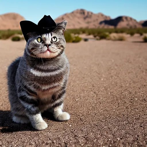 Image similar to a photo of scottish fold cat wearing cowboy hat, posing in the deserted us desert ghost town