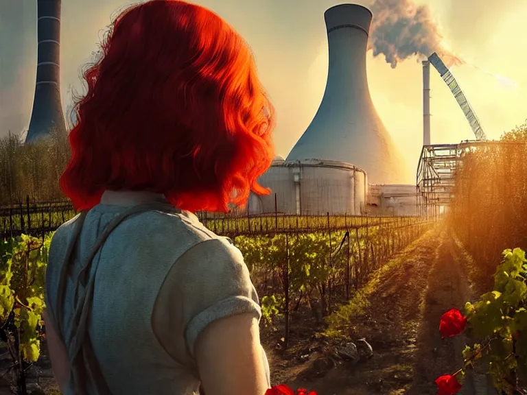 Image similar to red hair girl, chernobyl powerplant!!!, rubble, ruins!!, flowers, vines, hyperrealistic, highly detailed, cinematic, single ray of golden sunlight, beautiful, cgssociety, artstation, 8 k, oil painting by greg rutkowski, by artgerm, by wlop