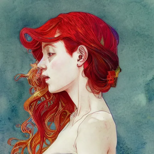 Image similar to side view a beautiful and inspiring intricate watercolor illustration artwork red hair girl, 4 k, ultra - wide angle, by william turner, by victo ngai, by alphonse mucha, by miho hirano, hd, trending on artstation, hyper detailed, muted colors, inspiring, beautiful, energetic