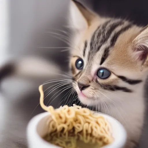 Image similar to a cute kitten eating ramen noodles from a bowl, award winning photography, studio lighting, 8k, 4k, ultrarealistic details