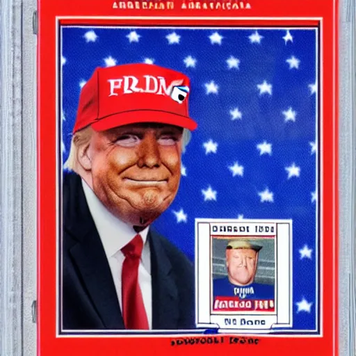 Prompt: baseball card of donald trump with team called american traitors with russia flag