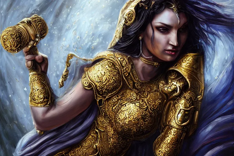 Prompt: furious beautiful Goddess of life with a veil, dark Goddess of artificial intelligence creating an artificial neural network with gold synapses on an anvil with her hammer, high resolution, award winning art, trending on art station, sharp image, incredibly detailed, detailed character, realistic painting, hyper-realistic painting, coherent painting, ethereal halls of valhalla in the background, master piece by tzao chengdu matsumoto