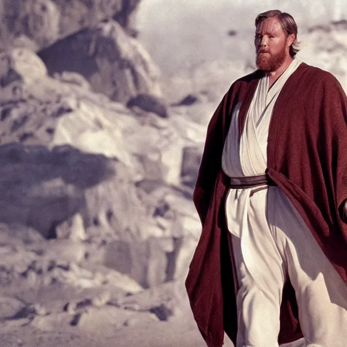 Image similar to obi wan kenobi but obese!! and overweight, photoralistic rendering, movie still, screenshot, hyperdetailed