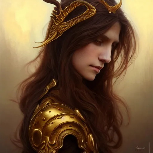 Image similar to brown haired demoness medium portrait, gentle, female, city landscape, norway, d & d, fantasy, intricate, elegant, highly detailed, digital painting, brown and gold color palette, artstation, octane render, concept art, matte, sharp focus, illustration, herrarthstone, art by artgerm and greg rutkowski and alphonse mucha