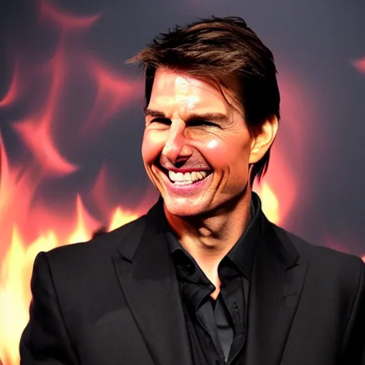 Prompt: Tom Cruise laughing in a house he set on fire, flaming background, overexposed photograph